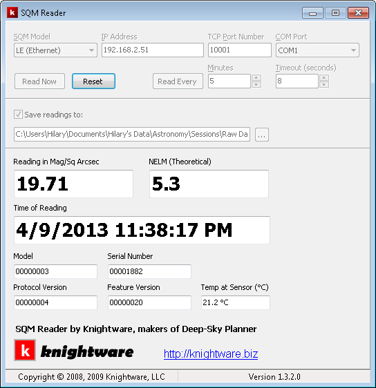 11 SQM reader.png - I have a Sky Quality Meter in my observatory.  On this evening, the sky was pretty dark, with a limiting magnitude of 5.3, or 19.71 magnitudes per square arc second.  This utility can be set to read the sky periodically and record the values in a file.